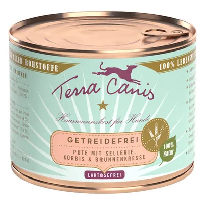 Blik Terra Canis hondenvoer, getreidefrei, kalkoen met selderij, pompoen en waterkers. 100% natuur, lactosevrij. Tekst deels in het Duits: Hausmannskost für Hunde.