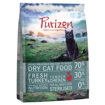 Purizon Dry Cat Food, Fresh Turkey & Tender Chicken, 70% selected animal ingredients, 30% fruit, vegetables & herbs, 0% added grain, sterilised, 400 g. Szöveg angolul.