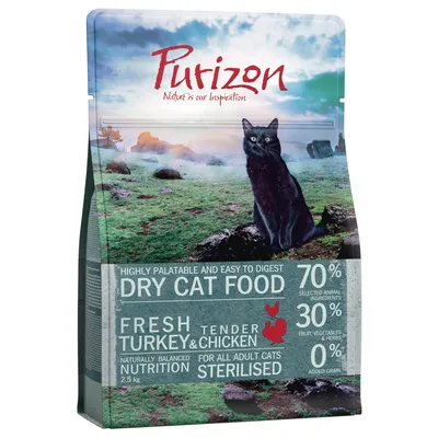 Purizon Dry Cat Food, sterilisoiduille aikuisille kissoille. Kalkkunaa ja kanaa, 70 % eläinperäisiä aineksia, 30 % kasviksia ja yrttejä, 0 % lisättyjä viljoja. Pakkauskoko 2,5 kg.