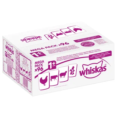 Whiskas MEGA PACK x96, 1+ years, klasszikus válogatás. Látható sziluettek: csirke, marha, bárány, nyúl. Márkanév és mennyiség jól olvasható a dobozon.