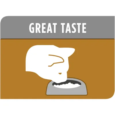 Illustration of a cat eating from a bowl with the text 'Great Taste' above, highlighting product palatability.