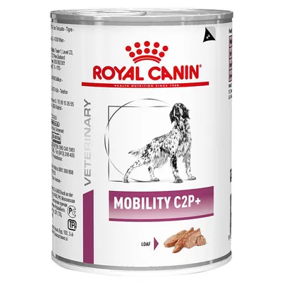 Консерва Royal Canin Veterinary Mobility C2P+ за кучета, изображение на куче и парчета месо, видимо е надписът LOAF.