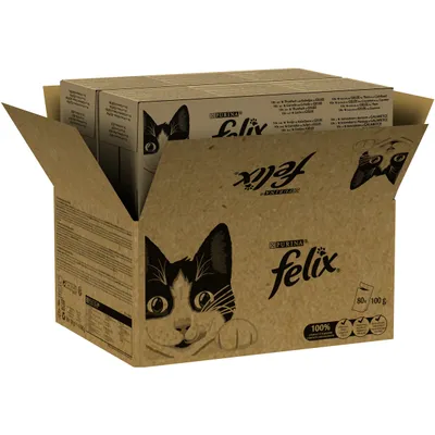 Purina Felix comida para gatos, 80 sobres de 100g. Envase con cara de gato e información del producto visible.
