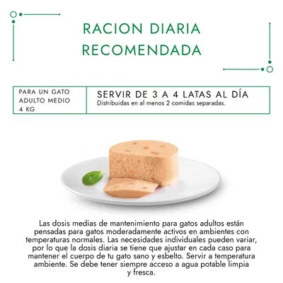 Ración diaria recomendada para un gato adulto medio de 4 kg: servir de 3 a 4 latas al día, distribuidas en al menos 2 comidas separadas. Acceso siempre a agua potable limpia y fresca.