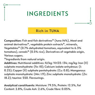 Ingredients: Rich in TUNA. Composition includes tuna 14%, dehydrated tomatoes, rice, minerals, additives. Analytical: Moisture 79.5%, Protein 12.5%, Fat 2.8%, Ash 2.6%, Fibre 0.05%.