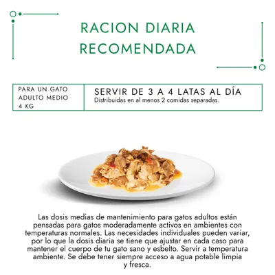Ración diaria recomendada para un gato adulto medio de 4 kg: servir de 3 a 4 latas al día, distribuidas en al menos 2 comidas separadas. Incluye plato con comida húmeda para gatos.