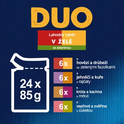 DUO Lahodný výběr v želé se zeleninou, 24×85 g: 6× hovězí a drůbeží se zelenými fazolkami, 6× jehněčí a kuře s rajčaty, 6× krůta a kachna s mrkví, 6× vepřové a zvěřina s cuketou.