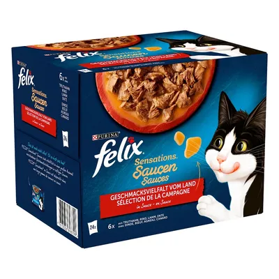 Confezione Purina Felix Sensations Sauces, selezione di salse con tacchino, manzo, agnello, anatra. Immagine di cibo in salsa per gatti e gatto illustrato sulla scatola. 24x100g.