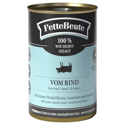 FetteBeute. 100% wie selbst gejagt. Vom Rind mit reinem Muskelfleisch, Innereien und Knochen. Futter in ursprünglicher Form.