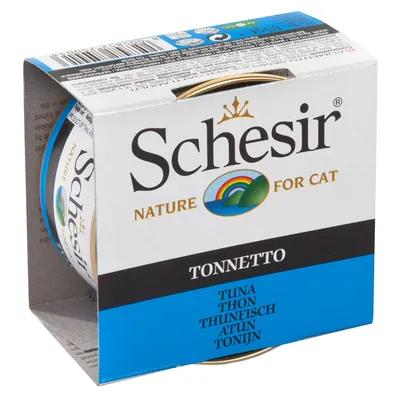Консерва Schesir Nature for Cat Tonnetto, риба тон за котки. Видими надписи: TUNA, THON, THUNFISCH, ATUN, TONIJN.
