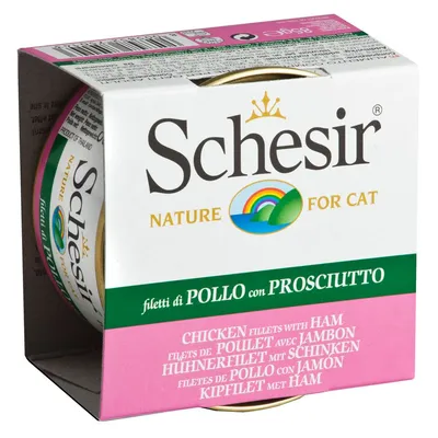 Schesir Nature for Cat, filetti di pollo con prosciutto. CHICKEN FILLETS WITH HAM, FILETS DE POULET AVEC JAMBON, HÜHNERFILET MIT SCHINKEN, FILETES DE POLLO CON JAMON.
