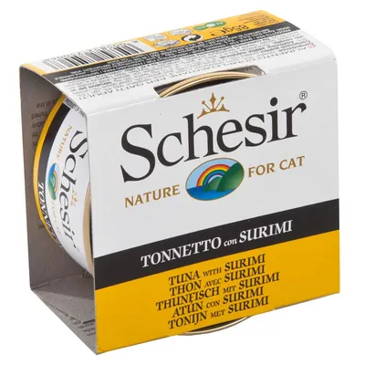Кутия с консерва Schesir Nature for Cat, Tonnetto con Surimi. Видим текст: Tuna with Surimi, Thon avec Surimi, Thunfisch mit Surimi, Atun con Surimi, Tonijn met Surimi.