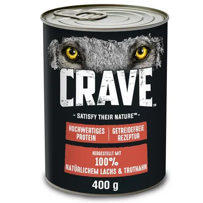 Lata de 400 g Crave. Texto visível: Satisfy Their Nature, Hochwertiges Protein, Getreidefreie Rezeptur, Hergestellt mit 100% natürlichem Lachs & Truthahn.