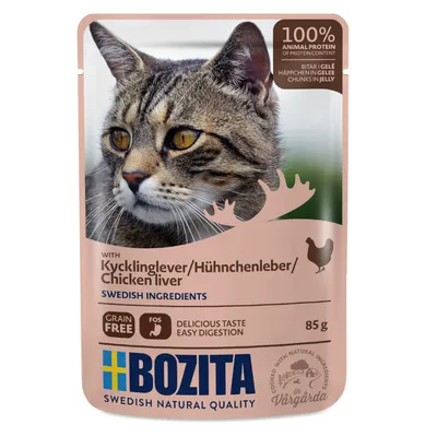 Bozita храна за котки с пилешки дроб, 85g. 100% животински протеин, без зърнени храни, шведски съставки, хапки в желе, лесносмилаема. Swedish Natural Quality.