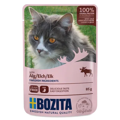 Bozita храна за котки с лос в желе, 100% животински протеин, без зърнени храни, шведски съставки, 85g. Вкусна и лесносмилаема.