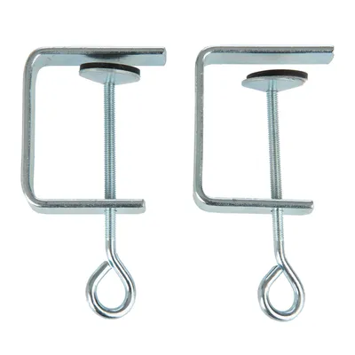 Two silver metal clamps with screw mechanism and rubber padding, suitable for attachment to surfaces.
