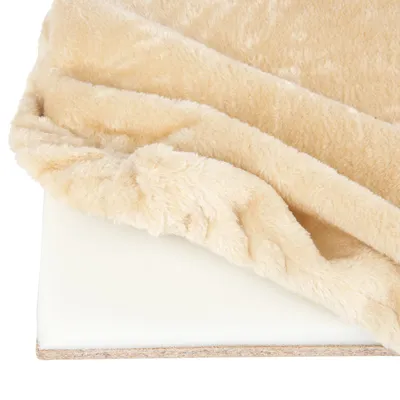 Beige plush cover with foam filling and wooden base, suitable for pet furniture or resting areas.