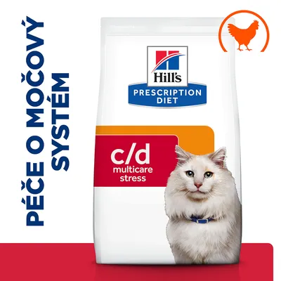 Hill's Prescription Diet c/d multicare stress, péče o močový systém, obal s vyobrazením kočky a symbolem kuřete v pravém horním rohu.