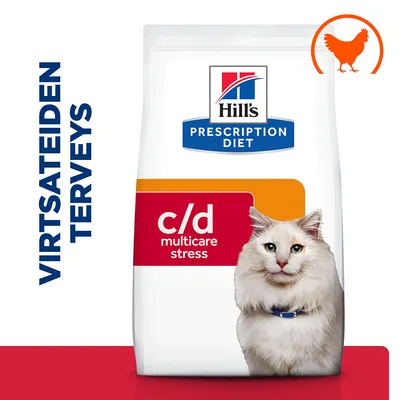 Hill's Prescription Diet c/d multicare stress -kuivaruokapakkaus, teksti 'Virtsateiden terveys', oranssi kanan siluetti yläkulmassa