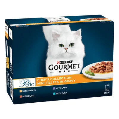 Chef’s Collection mini fillets in gravy selection with turkey, duck, lamb and tuna. Contains 12 portions of 85g each.