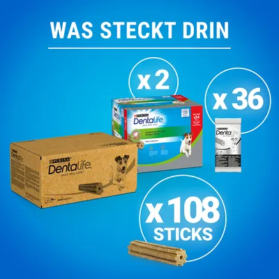 Purina Dentalife produktöversikt: 2 lådor, 36 enskilda förpackningar och totalt 108 sticks. Tandvård för hundar.