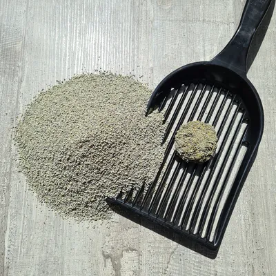 Cat litter scoop with clumps and litter on wooden surface, showing the scoop's function for cleaning cat litter.