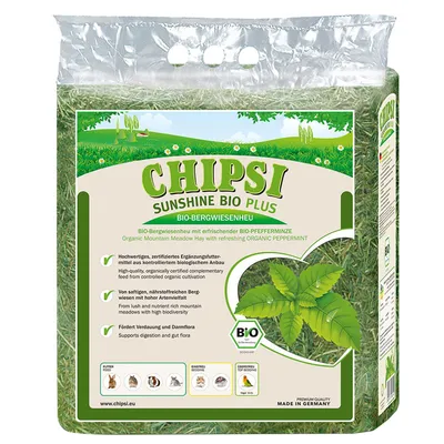 CHIPSI Sunshine Bio Plus Bio-Bergwiesenheu mit Bio-Pfefferminze. Hochwertiges Ergänzungsfutter aus biologischem Anbau, fördert Verdauung und Darmflora. Made in Germany.