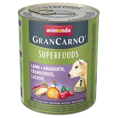 Консерва Animonda GranCarno Superfoods. Видим текст: Lamm + Amaranth, Cranberries, Lachsöl. 1 tierisches Protein. 100% frisches Lamm, ohne Getreide, ohne Gluten, Made in Germany.