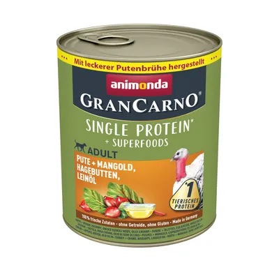 Animonda GranCarno Single Protein Adult, turkey with Swiss chard, rose hips and linseed oil. Made with tasty turkey broth, grain-free, gluten-free, Made in Germany.