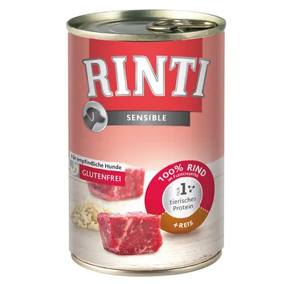 RINTI Sensible koiran märkäruoka, 100 % naudanlihaa lihapaloissa, gluteeniton, sisältää riisiä. Teksti: Für empfindliche Hunde, GLUTENFREI, 100% RIND, tierisches Protein, +REIS.