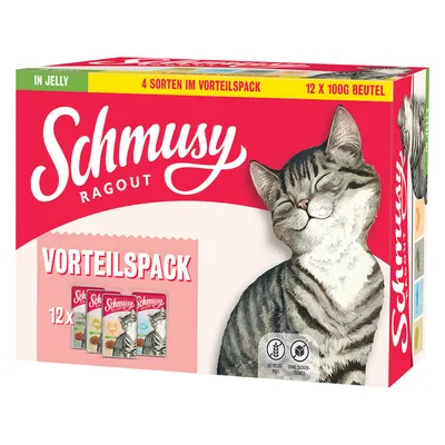 Schmusy Ragout fordelspakke, 4 varianter i gelé, 12 x 100g poser. Kornfri, uden tilsat sukker.