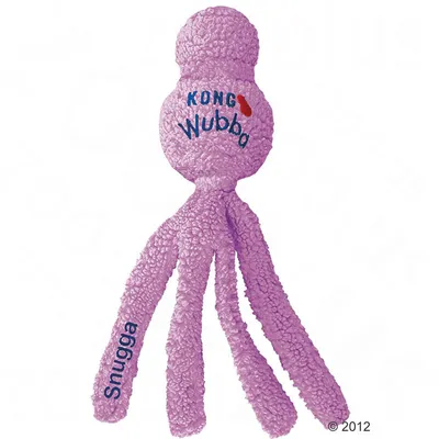 Purple textured toy with four dangling legs, labelled 'KONG Wubba' and 'Snugga' on one leg.