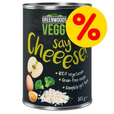 Tin showing 100% vegetarian, grain-free recipe, complete pet food with apple, egg, broccoli and cheese ingredients. Yellow percentage discount symbol displayed.