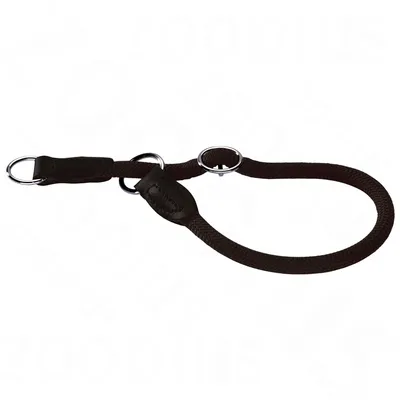 Adjustable dark rope slip collar with metal rings and leather reinforcements, shown laid flat to display design and fastening method.