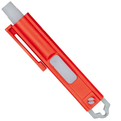 Rode kunststof penvormige tool met witte schuifknop en clip, geschikt voor het toedienen van tabletten aan huisdieren.