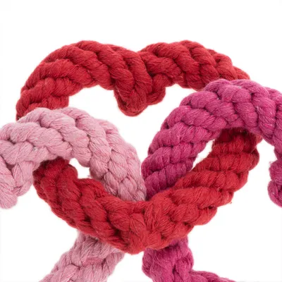 Плетени въжета за домашни любимци в червено, розово и светлорозово, оформени във възел. Видими са текстурата и цветовете на памучния материал.