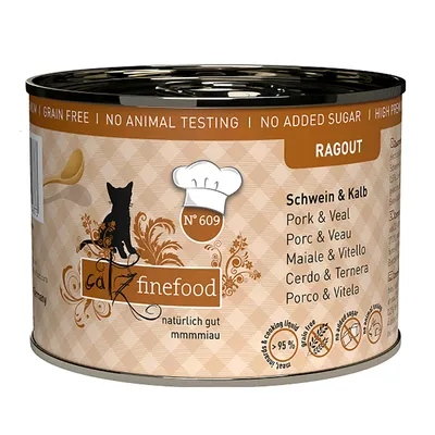 Catz finefood Ragout Nr. 609, svinjina in teletina, naravno dobro, brez žitaric, brez testiranja na živalih, brez dodanega sladkorja, 95% mesa.