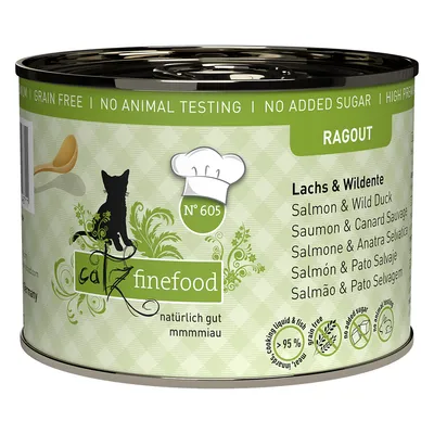 Catz Finefood Ragout č. 605, losos a divoká kachna, přirozeně dobré, bez přidaného cukru, bez obilovin, bez testování na zvířatech, 95 % masa, obsahuje vývar z vaření.