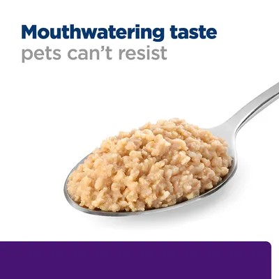 Spoonful of pet food with text stating mouthwatering taste pets can't resist.