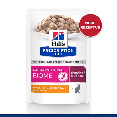 Hill's Prescription Diet Gastrointestinal Biome kattenvoer, tender chunks in gravy with chicken, digestive/fibre care, nieuwe receptuur (Duitse tekst: NEUE REZEPTUR) zichtbaar op verpakking.