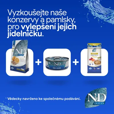 N&D Ocean suché krmivo, konzerva tuniak a losos a Adult Cream. Vedecky vyvinuté na spoločné kŕmenie. N&D Ocean suché krmivo, konzerva tuniak a losos a Adult Cream. Vedecky vyvinuté na spoločné kŕmenie.
