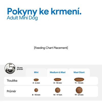 Tabuľka veľkostí pre Adult Mini Dog suché krmivo: Mini, 4–6 mm hrubé, 8–10 mm priemer; Medium & Maxi, 8–10 mm hrubé, 14–17 mm priemer; Maxi Giant, 11–13 mm hrubé, 19–21 mm priemer. Tabuľka veľkostí pre Adult Mini Dog suché krmivo: Mini, 4–6 mm hrubé, 8–10 mm priemer; Medium & Maxi, 8–10 mm hrubé, 14–17 mm priemer; Maxi Giant, 11–13 mm hrubé, 19–21 mm priemer.