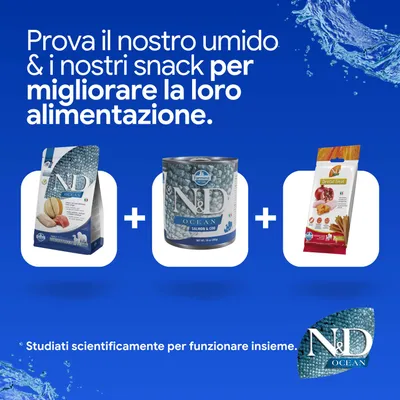 N&D Ocean crocchette, alimento umido e dental treats. Sviluppato scientificamente per migliorare la nutrizione insieme.