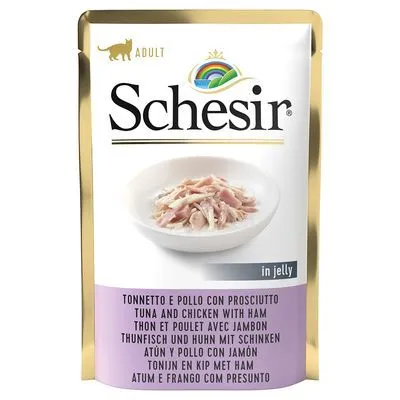 Schesir Adult kattenvoer in jelly, tonijn en kip met ham. Tekst op verpakking in meerdere talen: Tuna and chicken with ham, Tonijn en kip met ham.