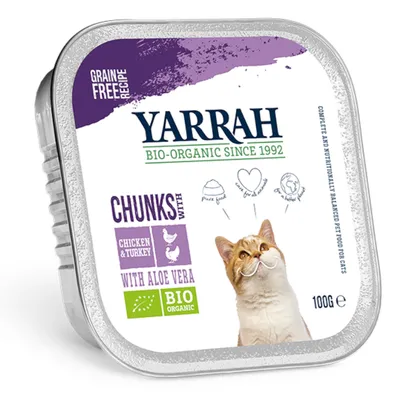 Yarrah BIO-ORGANIC SINCE 1992, CHUNKS WITH CHICKEN & TURKEY WITH ALOE VERA, BIO ORGANIC, kissan märkäruoka, viljaton, 100 g