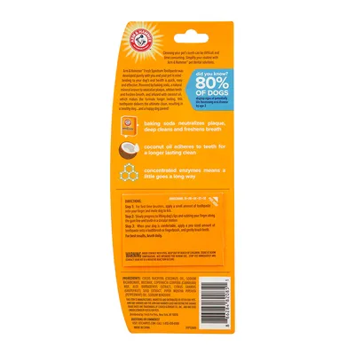 Arm & Hammer Fresh Spectrum tandpasta voor honden. Zuiveringszout neutraliseert tandplak, kokosolie hecht aan tanden, geconcentreerde enzymen voor effectieve reiniging. Instructies en ingrediënten zichtbaar.