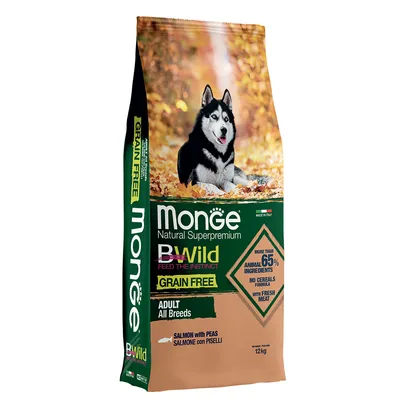 Monge Natural Superpremium BWild Grain Free Adult All Breeds, salmone con piselli, oltre 65% ingredienti animali, senza cereali, con carne fresca, 12kg. Made in Italy.