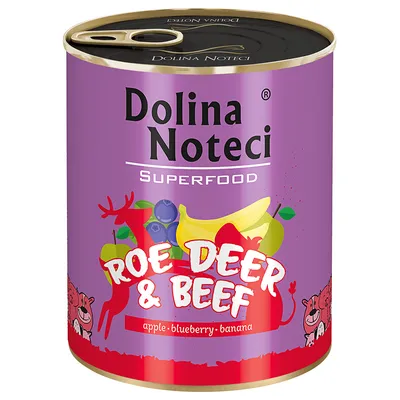 Dolina Noteci Superfood, Roe Deer & Beef mit Apfel, Blaubeere und Banane. Lila Dose mit goldfarbenem Deckel.