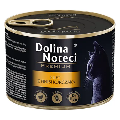 Dolina Noteci Premium, Filet z Piersi Kurczaka. Monoprotein-Katzenfutter ohne Getreide mit Vitaminen und Mineralien D3, Zn. Schwarze Dose mit Katzenmotiv.