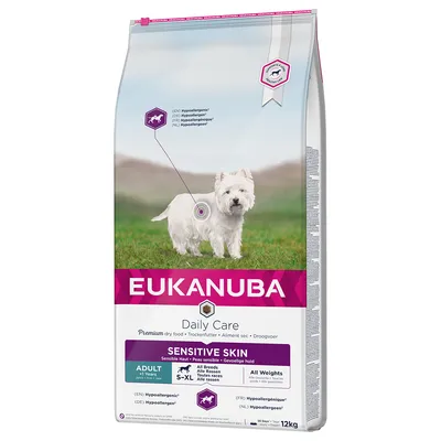 Eukanuba Daily Care Sensitive Skin, hrană uscată premium hipoalergenică pentru câini de la 1 an, potrivită pentru toate rasele și greutățile. Mărime pachet: 12kg.